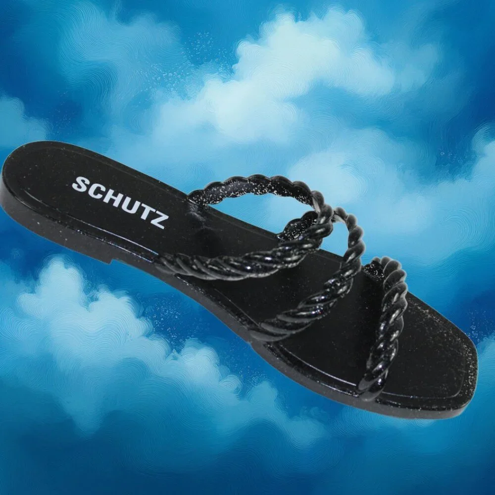 Schutz Diana Braided Black Gray Glitter Slip-On Slide Sandals, US Size 4-5
